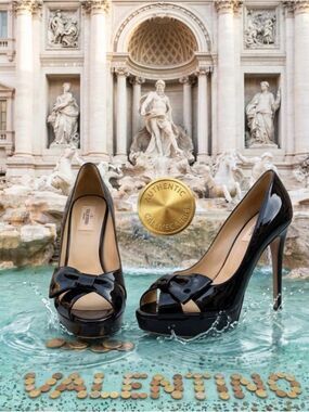 🛍️ Valentino Garavani Authentic Black Patent Peep-Toe Pumps with Bow